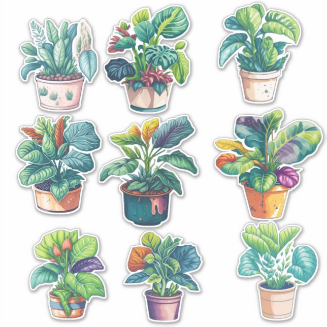 Watercolor House Potted Plants Set (Front)