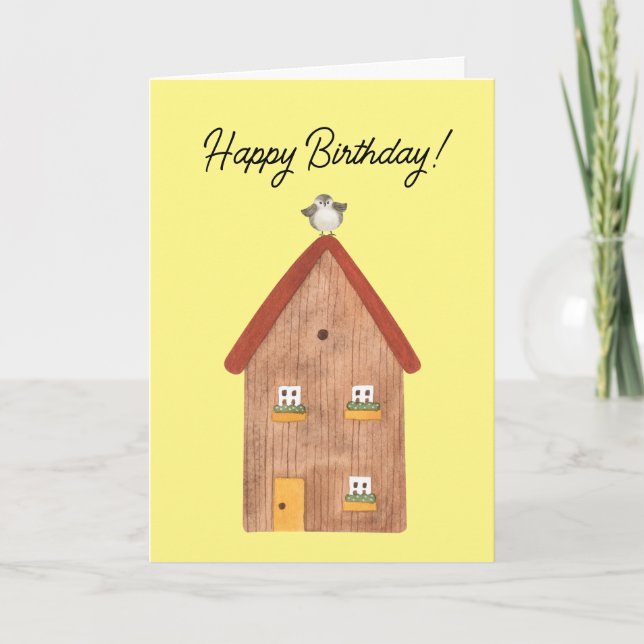 Watercolor House with Bird Client Birthday Card (Front)