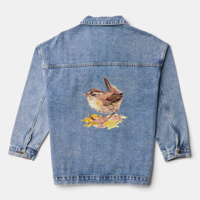 Watercolor House Wren Wildlife Nature Bird Art Denim Jacket (Back)