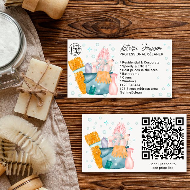 Watercolor housekeeping maid cleaning services business card (Creator Uploaded)