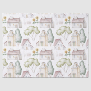 Watercolor Houses, Trees, and Sunflowers Decoupage Tissue Paper