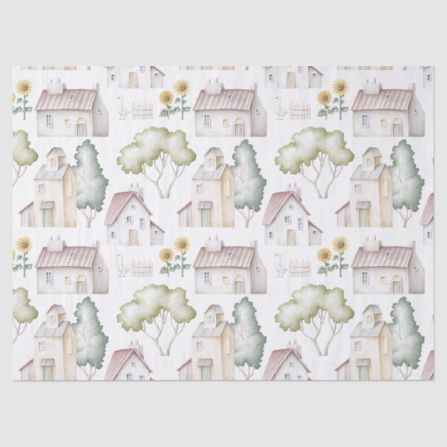 Watercolor Houses, Trees, and Sunflowers Decoupage Tissue Paper (Front)