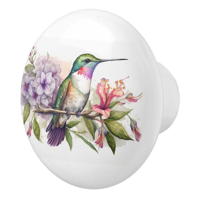 Watercolor Hummingbird and Flowers Ceramic Knob (Right)