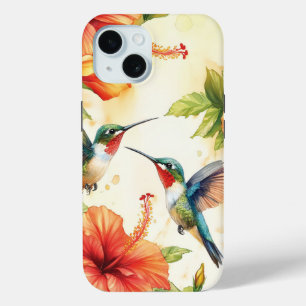 Watercolor Hummingbird and Flowers Design  iPhone 15 Case