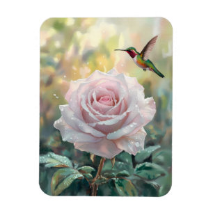 Watercolor Hummingbird and Pink Rose Flexible Magnet