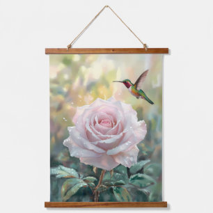 Watercolor Hummingbird and Pink Rose Hanging Tapestry