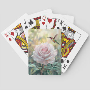 Watercolor Hummingbird and Pink Rose Playing Cards