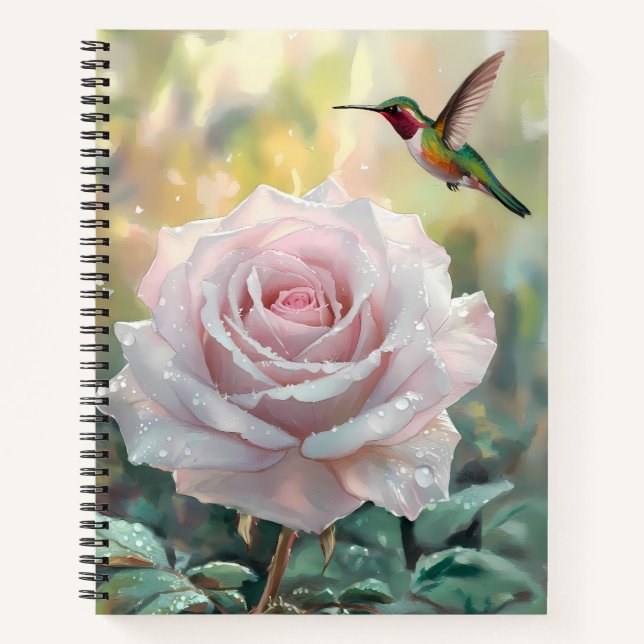 Watercolor Hummingbird and Pink Rose Spiral Notebook (Front)