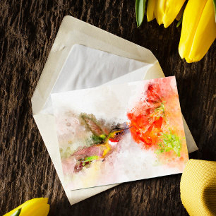Watercolor Hummingbird Feeding on Vibrant Flower Postcard