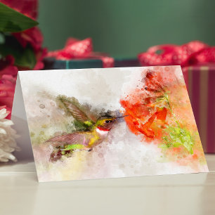 Watercolor Hummingbird Feeding on Vibrant Flower Thank You Card