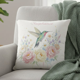 Watercolor Hummingbird Garden Throw Pillow