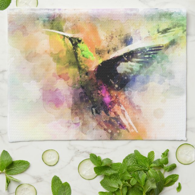 Watercolor hummingbird  kitchen towel (Folded)
