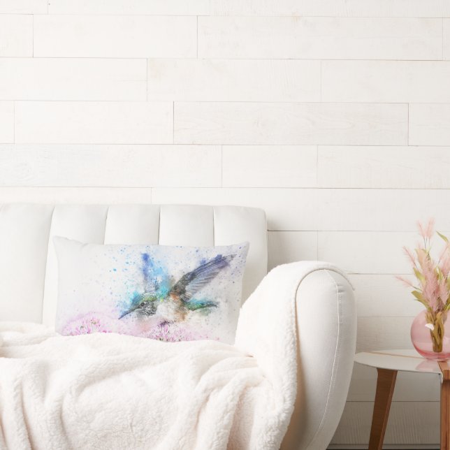 Watercolor Hummingbird on Flowers | Custom Lumbar Pillow (Couch)