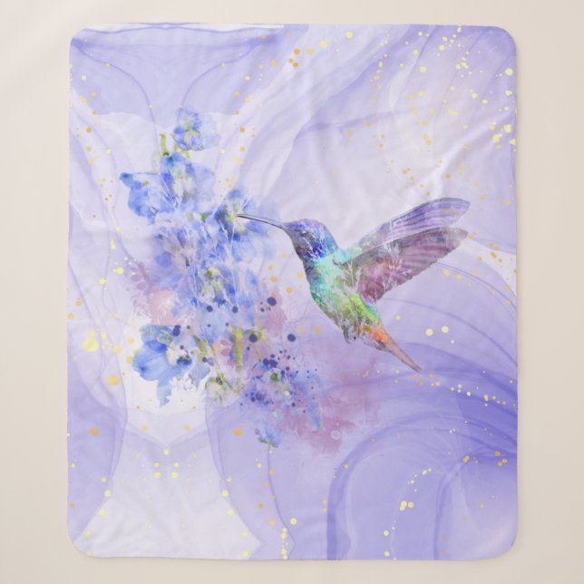 Watercolor Hummingbird Purple Blue Garden Flowers Sherpa Blanket (Front)