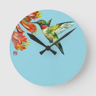 Watercolor Hummingbird Round Clock