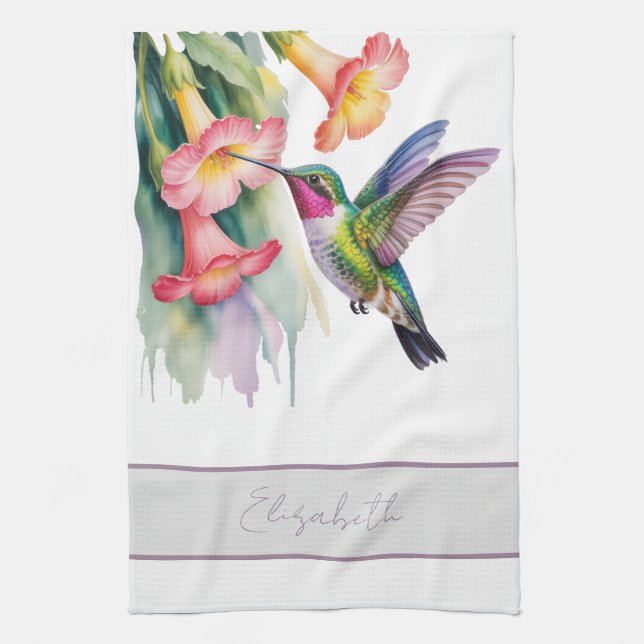 Watercolor Hummingbird with Florals Kitchen Towel (Vertical)