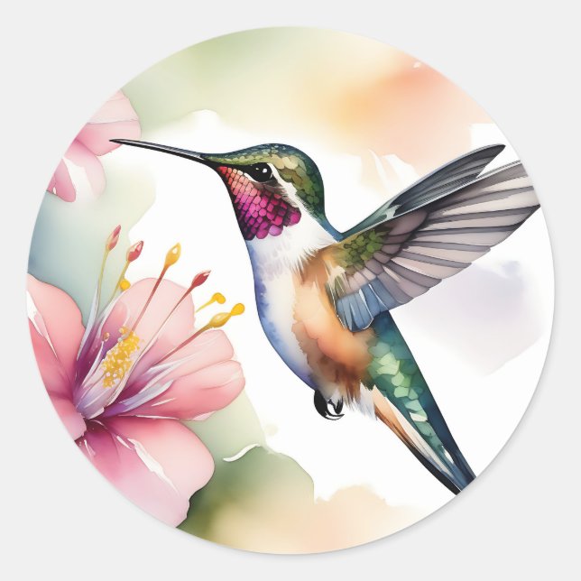 Watercolor Hummingbird With Pink Flowers Classic Round Sticker (Front)