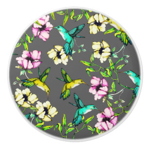 Watercolor Hummingbirds & Flowers Ceramic Knob