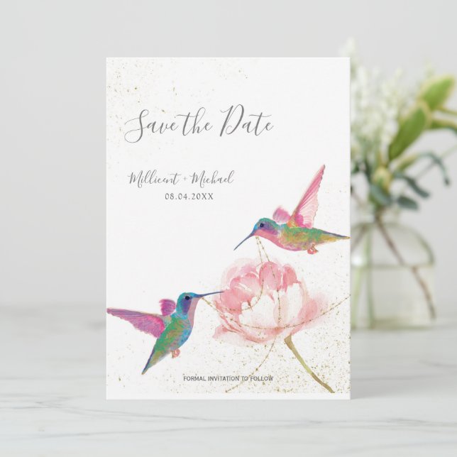 Watercolor Hummingbirds with Peony Save the Date (Standing Front)