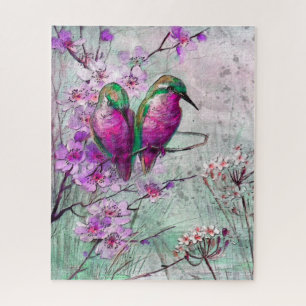 Watercolor Hummingbirds with Pink Spring Flowers Jigsaw Puzzle