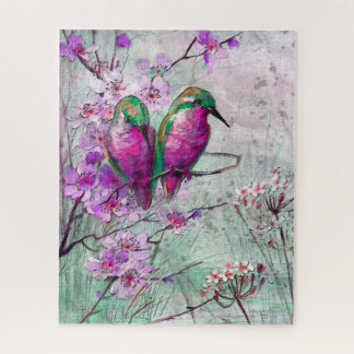 Watercolor Hummingbirds with Pink Spring Flowers Jigsaw Puzzle
