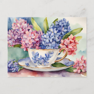 Watercolor Hyacinth Flowers in a Vintage Teacup Postcard