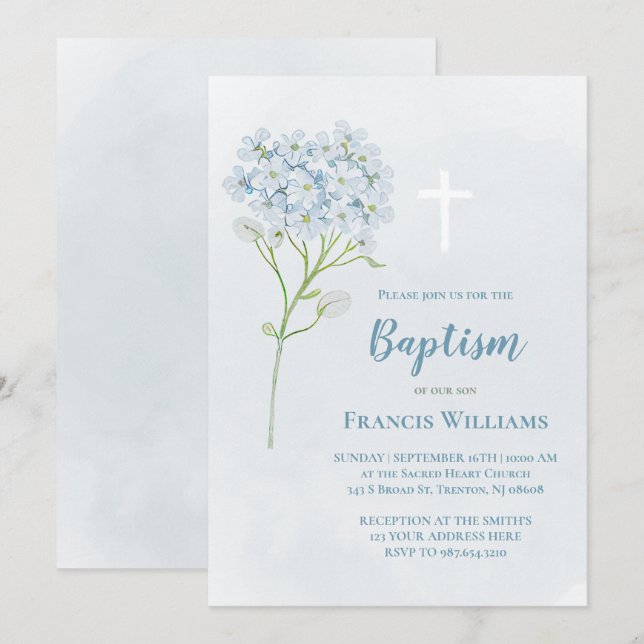 watercolor Hydrangea Baptism  Invitation (Front/Back)