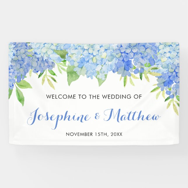 Watercolor Hydrangea Blue Floral Wedding Banner (Horizontal)