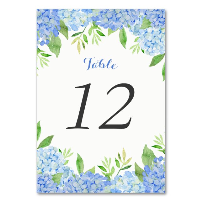 Watercolor Hydrangea Blue Floral Wedding Table Number (Front)