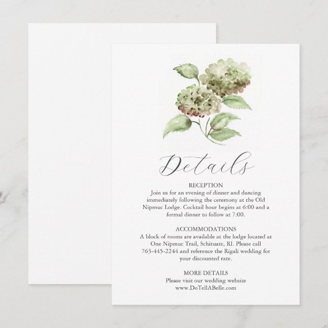 Watercolor Hydrangea Details Card for Wedding (Front/Back)