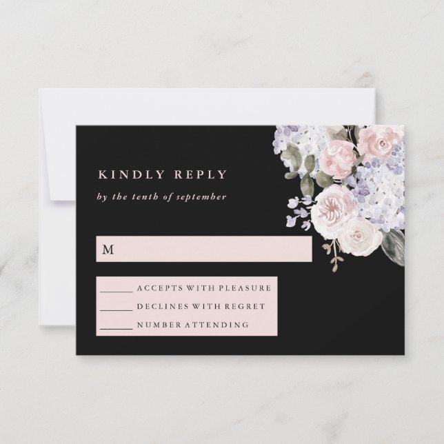 Watercolor Hydrangea Floral on Black | Wedding RSVP Card (Front)