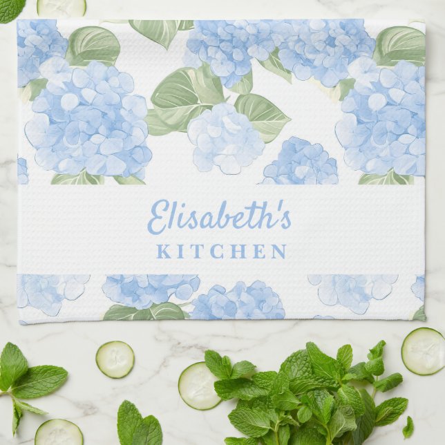 Watercolor Hydrangea Name Kitchen Towel (Folded)