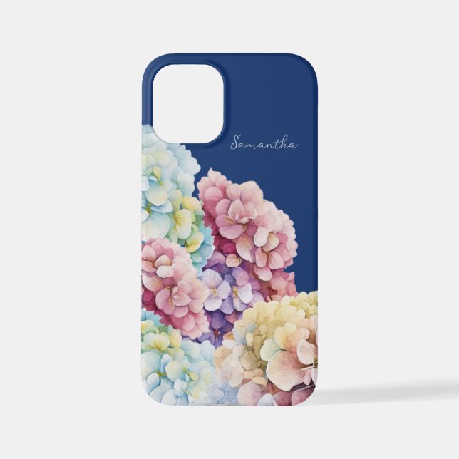 Watercolor Hydrangea Personalized Blue iPhone Case (Back)