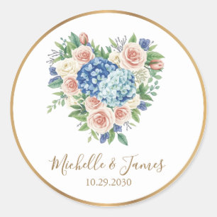 watercolor Hydrangea Rose Floral Wedding Gold Classic Round Sticker
