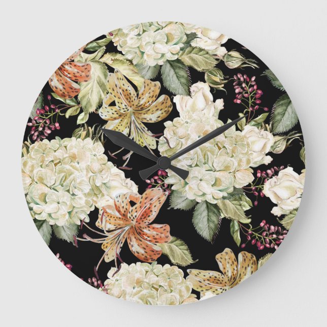 Watercolor Hydrangeas Lilies: Floral Pattern Large Clock (Front)