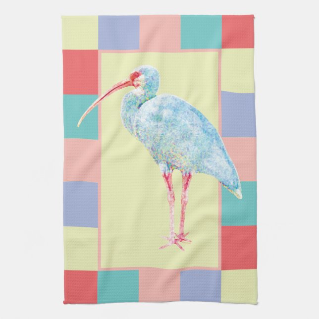 Watercolor Ibis Bird Chequerboard Design Kitchen Towel (Vertical)
