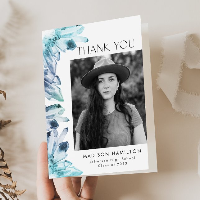 Watercolor Ice Blue Crystals Photo Graduation Thank You Card (Creator Uploaded)