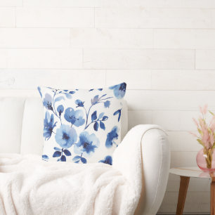 Watercolor Ice Blue Floral Throw Pillow