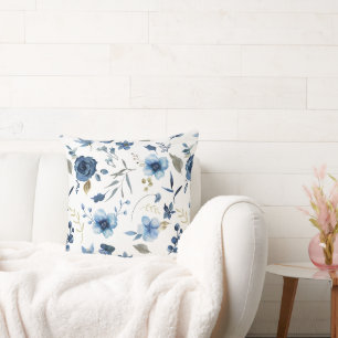 Watercolor Ice Blue Floral Throw Pillow