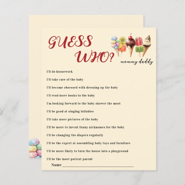 Watercolor Ice Cream Baby Shower Guess Who Game (Front/Back)