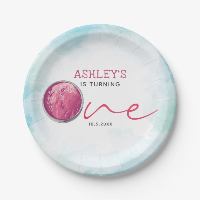 Watercolor Ice Cream First Birhtday Paper Plate (Front)