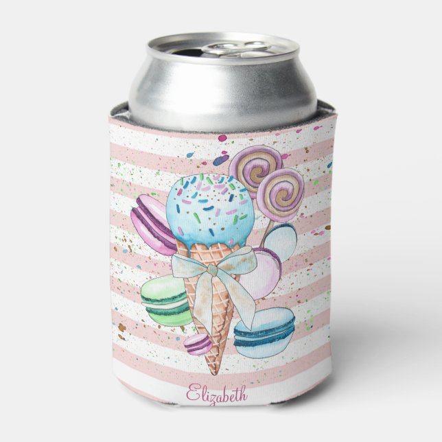Watercolor Ice cream,Macaroons,Pink Stripes Can Cooler (Can Front)