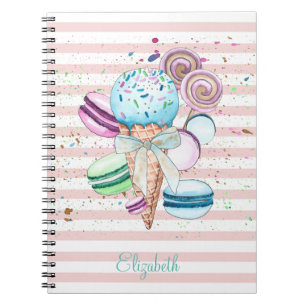 Watercolor Ice cream,Macaroons,Pink Stripes Notebook