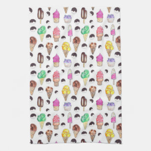Watercolor Ice Cream Pattern Kitchen Towel