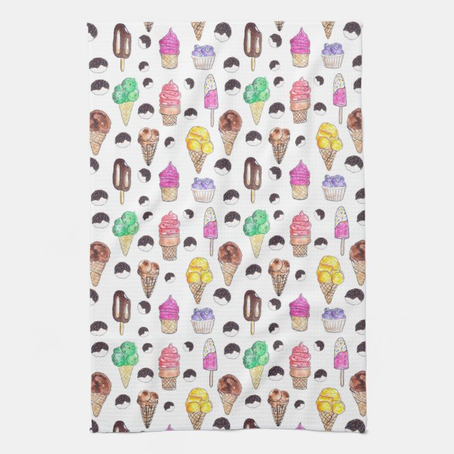 Watercolor Ice Cream Pattern Kitchen Towel (Vertical)