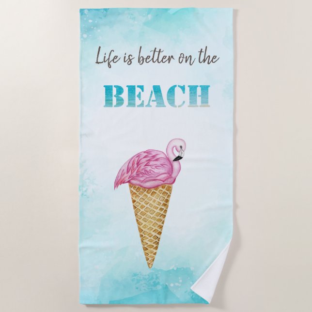 Watercolor Ice cream Pink Flamingos Beach Towel (Front)