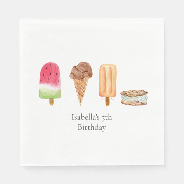 Watercolor Ice Cream & Popsicles Birthday Party Napkin (Front)