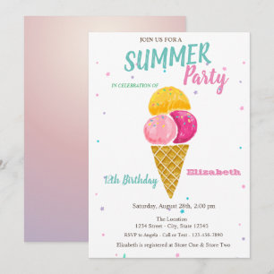 Watercolor Ice cream Stars Summer Birthday Party Invitation