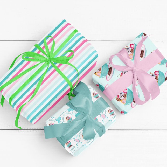 Watercolor Ice Cream Sundae Birthday  Wrapping Paper Sheet (Creator Uploaded)