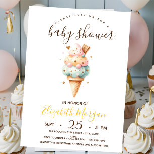 Watercolor Ice creams,Yellow Stripes Baby Shower Invitation